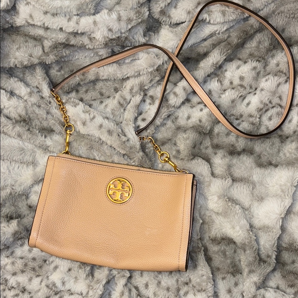 Tory Burch Tan Crossbody Bag with Gold Emblem